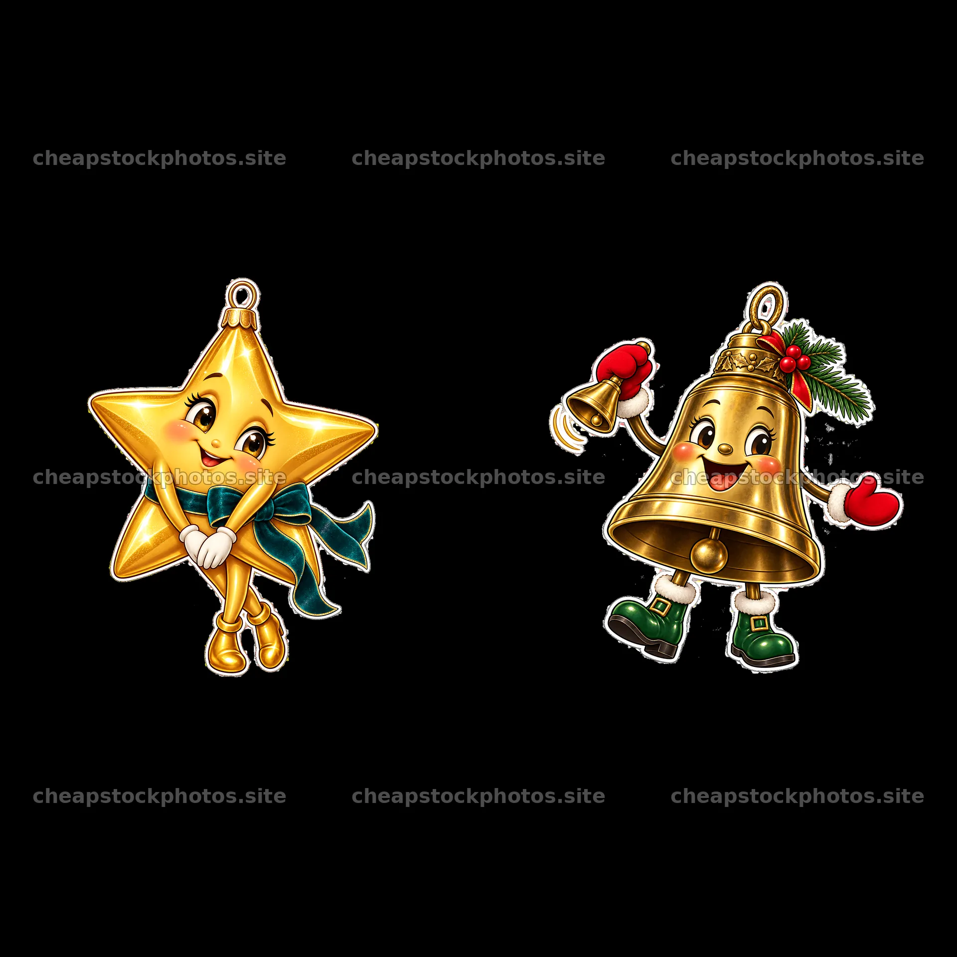 Cheerful star and bell Christmas ornament duo in festive colors – stock photos 7746x7746