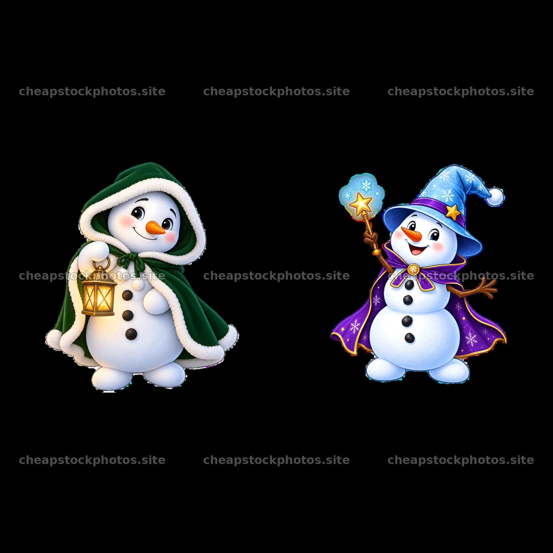 Two festive snowmen with lantern and magic wand – stock photos 7746x7746