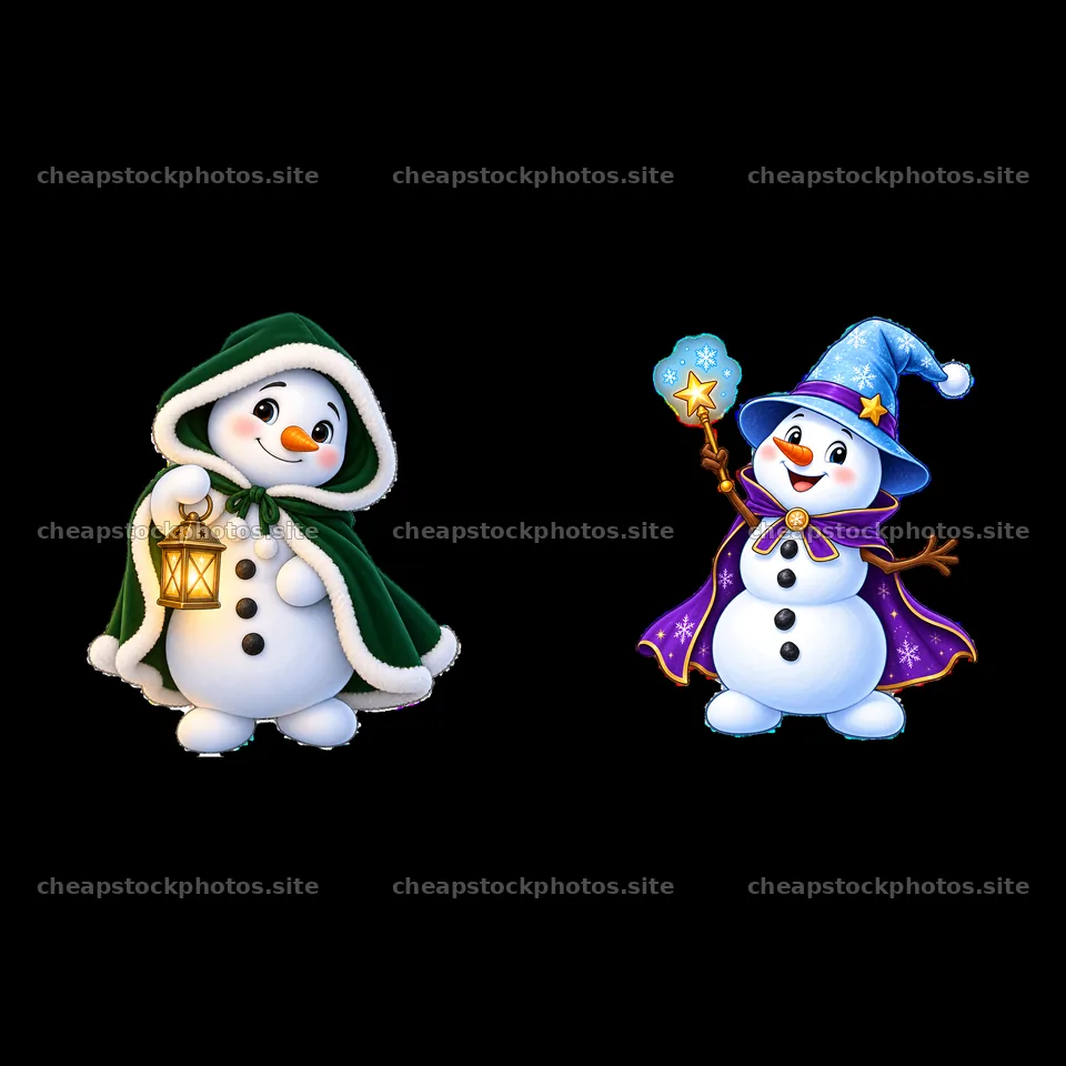 Two festive snowmen with lantern and magic wand – stock photos 7746x7746