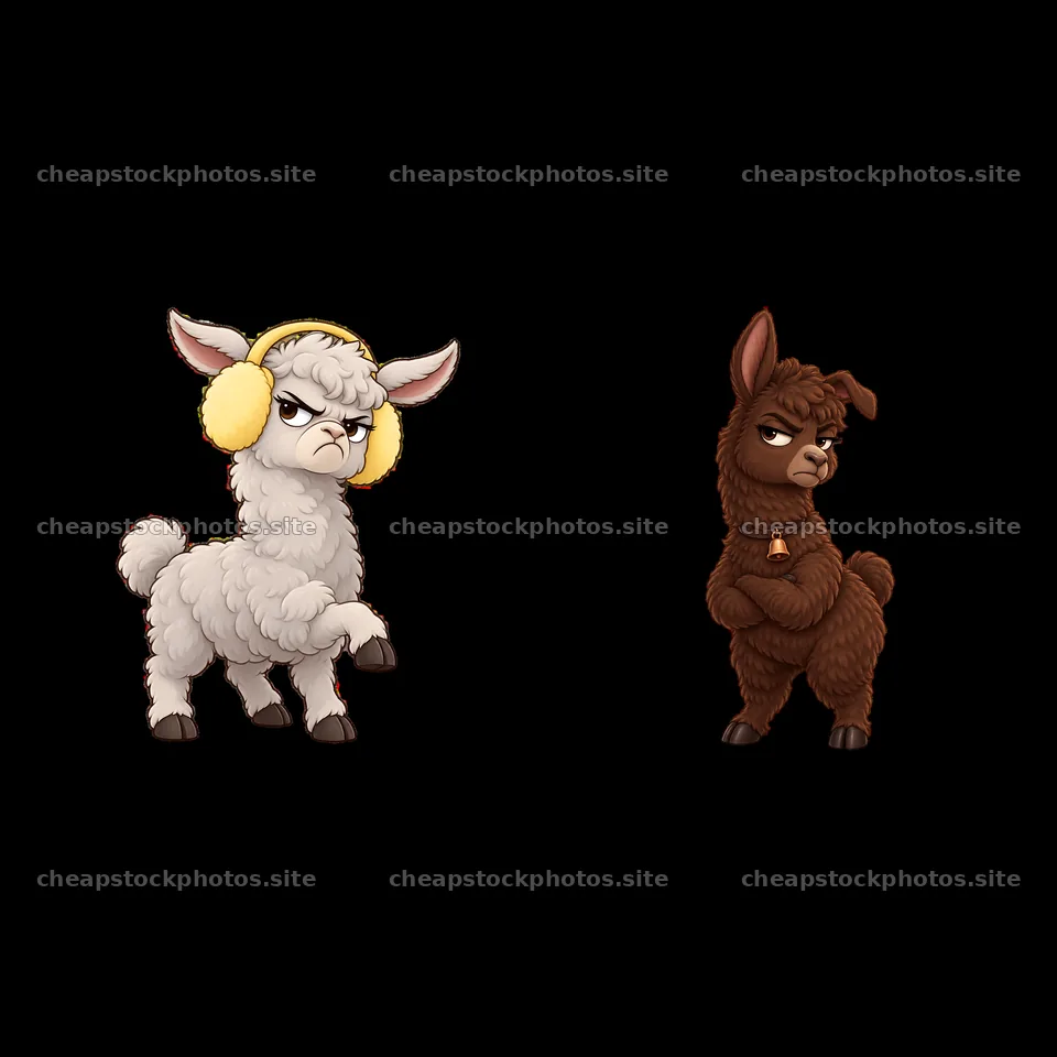 Grumpy llama characters with headphones and annoyed expressions – stock photos 7746x7746