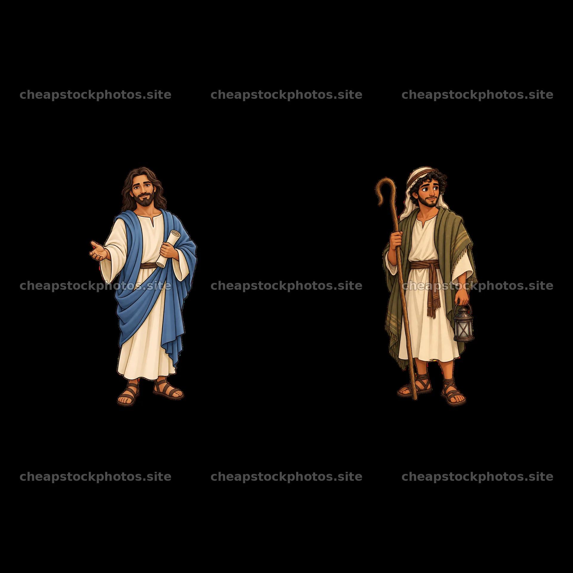 Jesus and disciple characters with accessories in cartoon style – stock photos 7746x7746