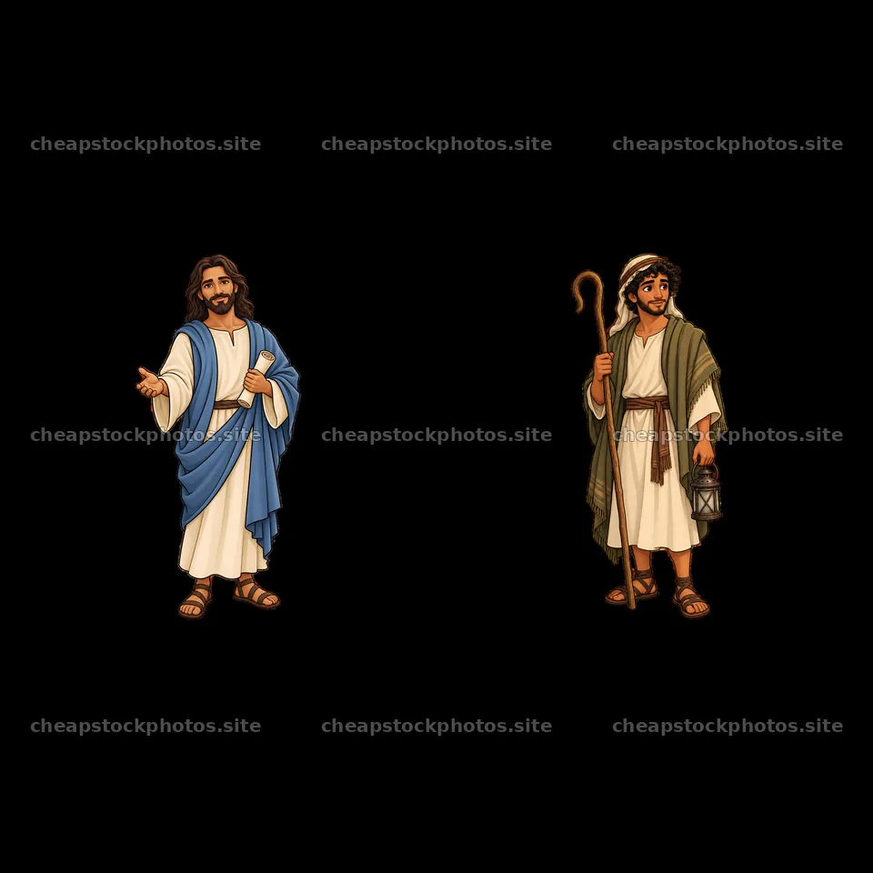 Jesus and disciple characters with accessories in cartoon style – stock photos 7746x7746