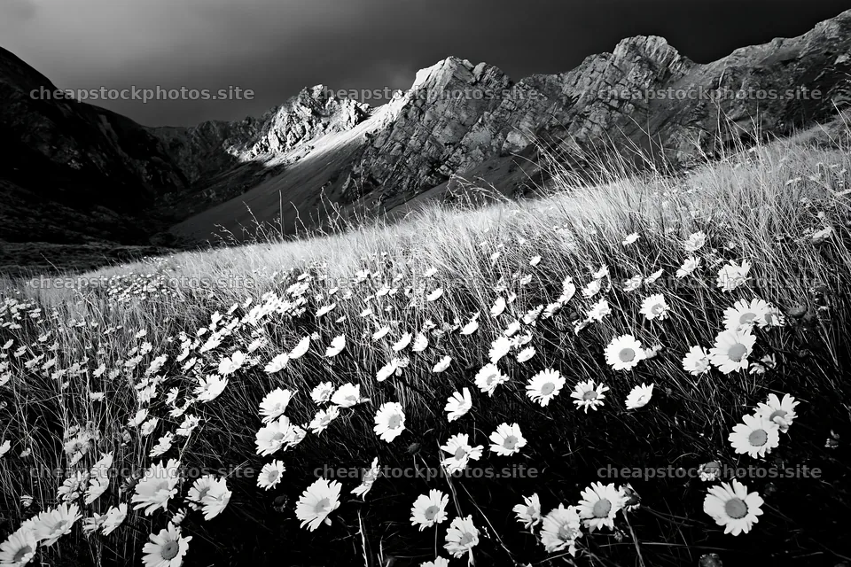 Meadow with flowers under crags in black and white – stock photos 9722x6480