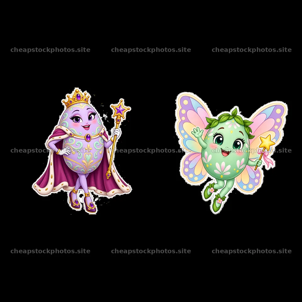 Easter egg queen and butterfly character pair sticker design – stock photos 7746x7746