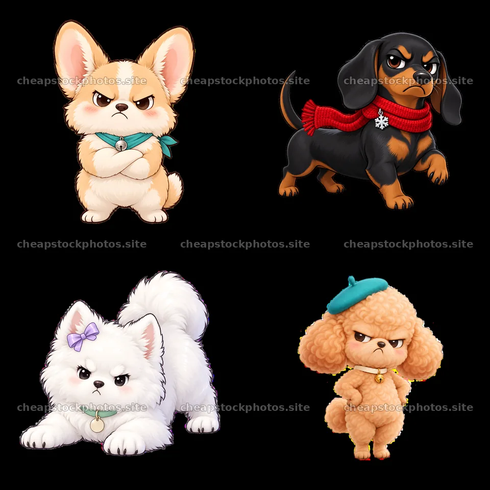 Kawaii grumpy dogs with accessories in a 2x2 layout – stock photos 7746x7746