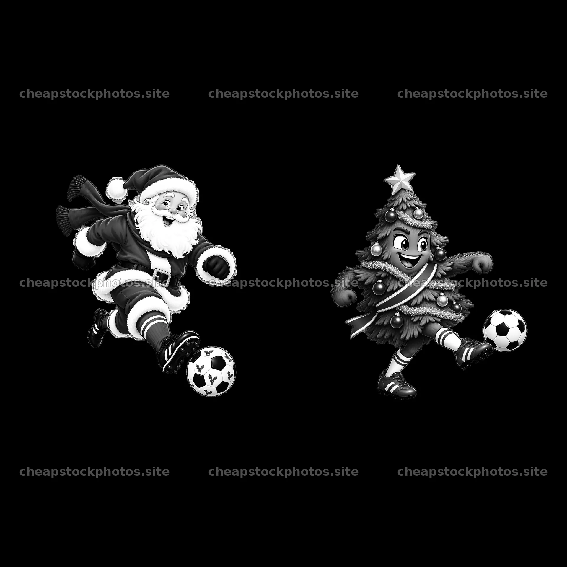 Santa and Christmas tree character playing soccer – stock photos 7746x7746