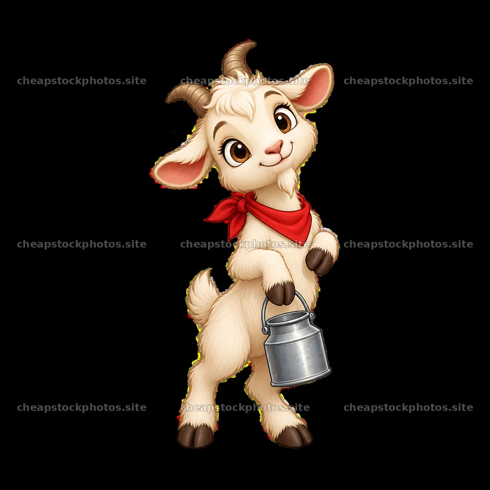 Goat character holding a milk can with a red scarf on a farm – stock photos 7746x7746