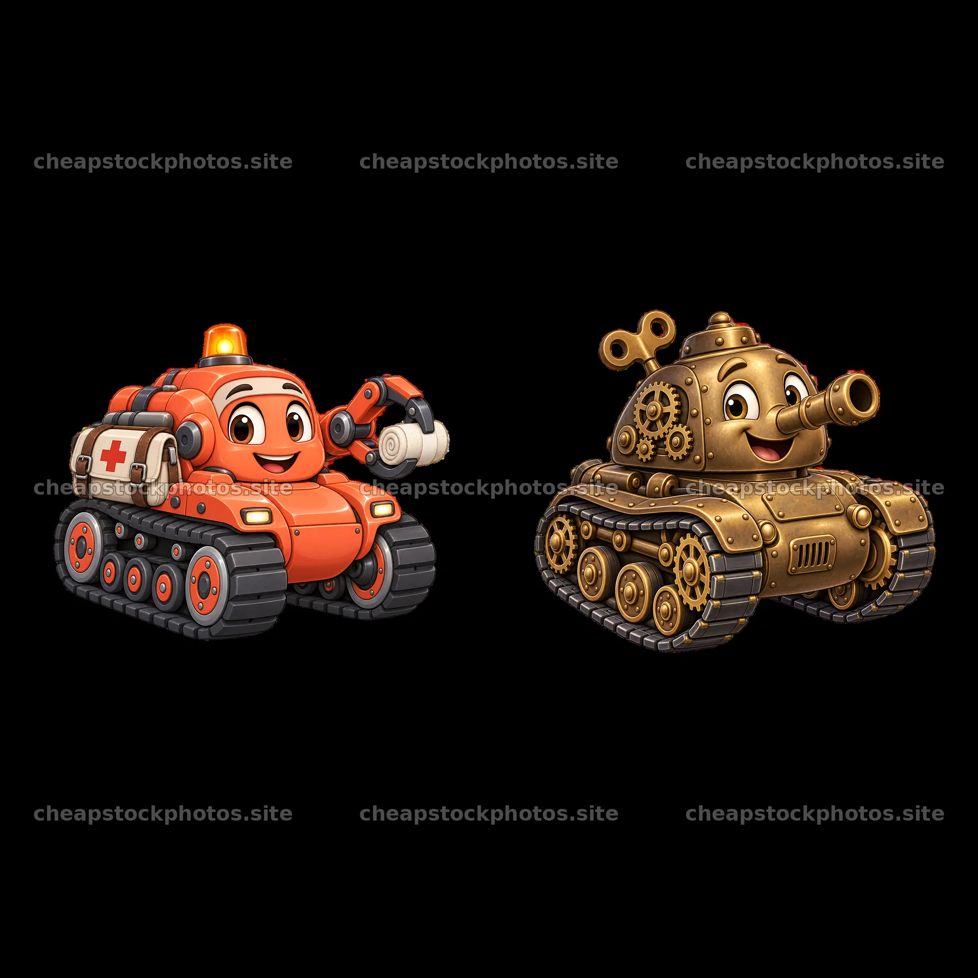 Cartoon tank characters with a rescue vehicle and a steampunk design – stock photos 7746x7746