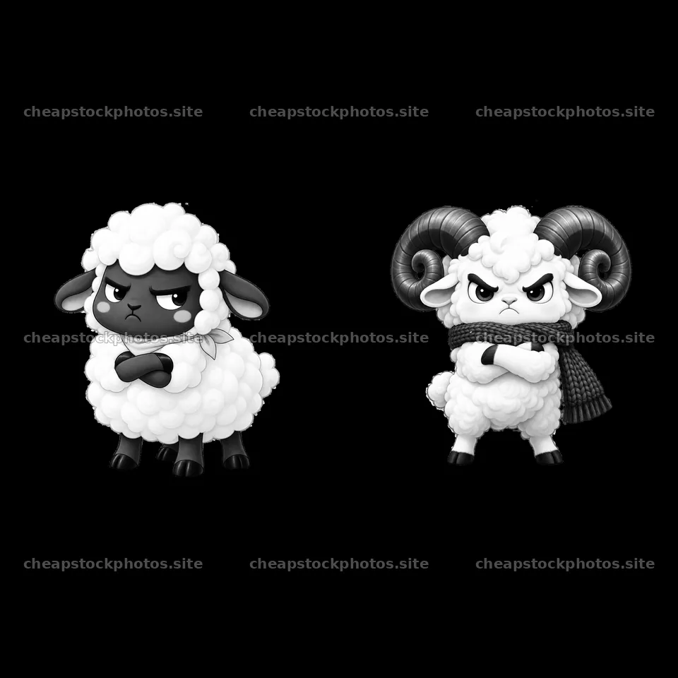 Grumpy kawaii sheep and ram characters in monochrome design – stock photos 7746x7746