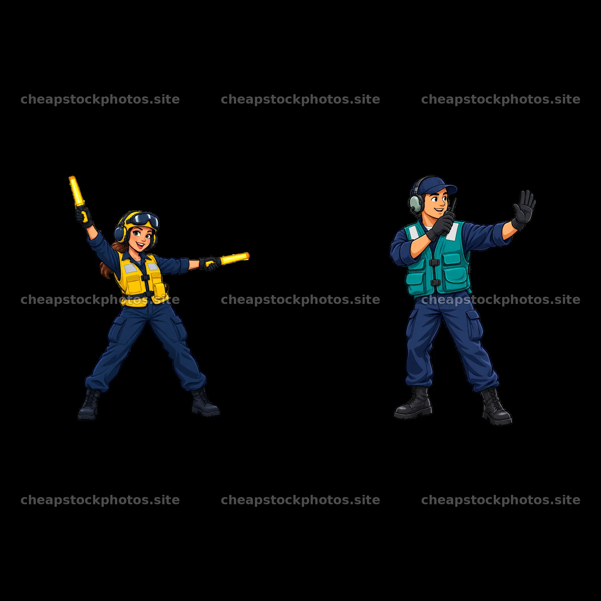 Cartoon stickers of aircraft carrier crew directing planes – stock photos 7746x7746