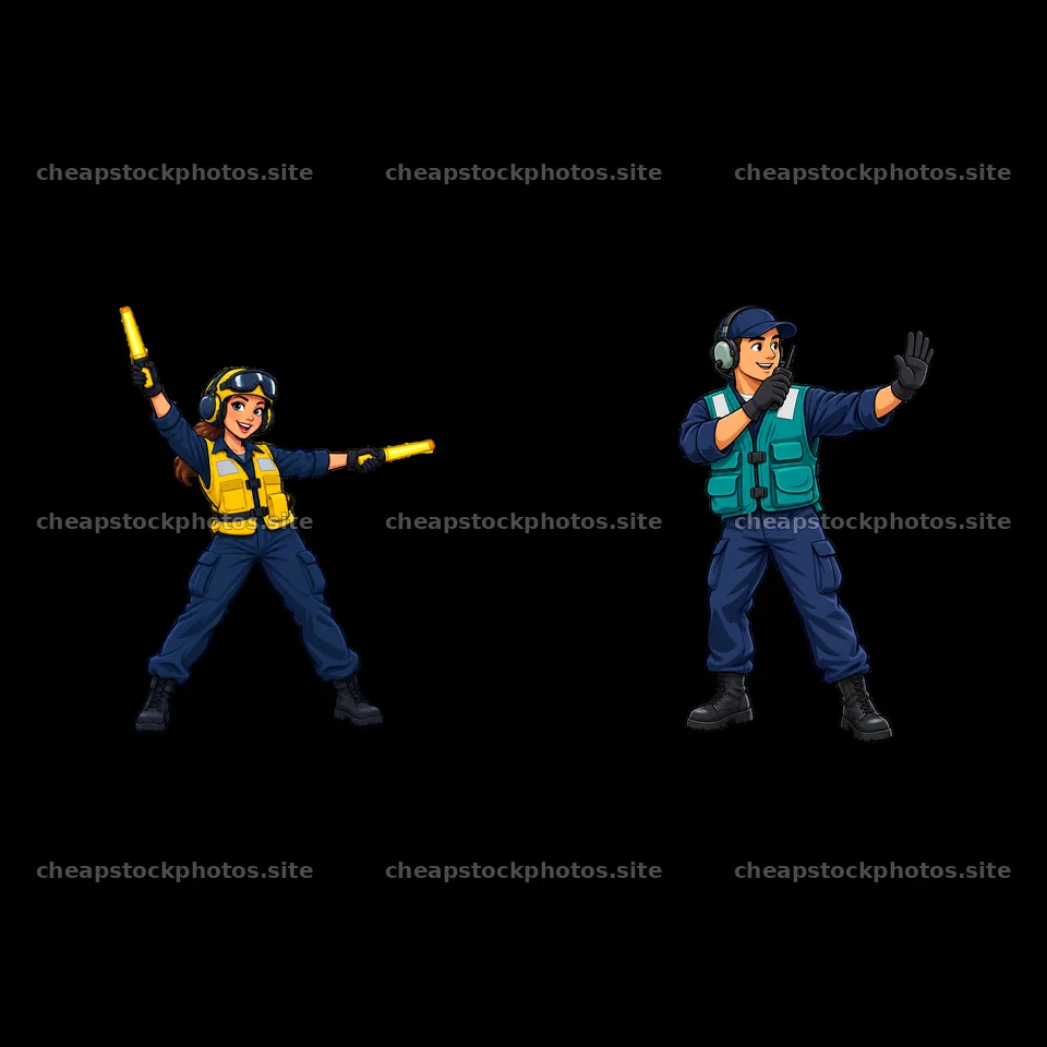 Cartoon stickers of aircraft carrier crew directing planes – stock photos 7746x7746