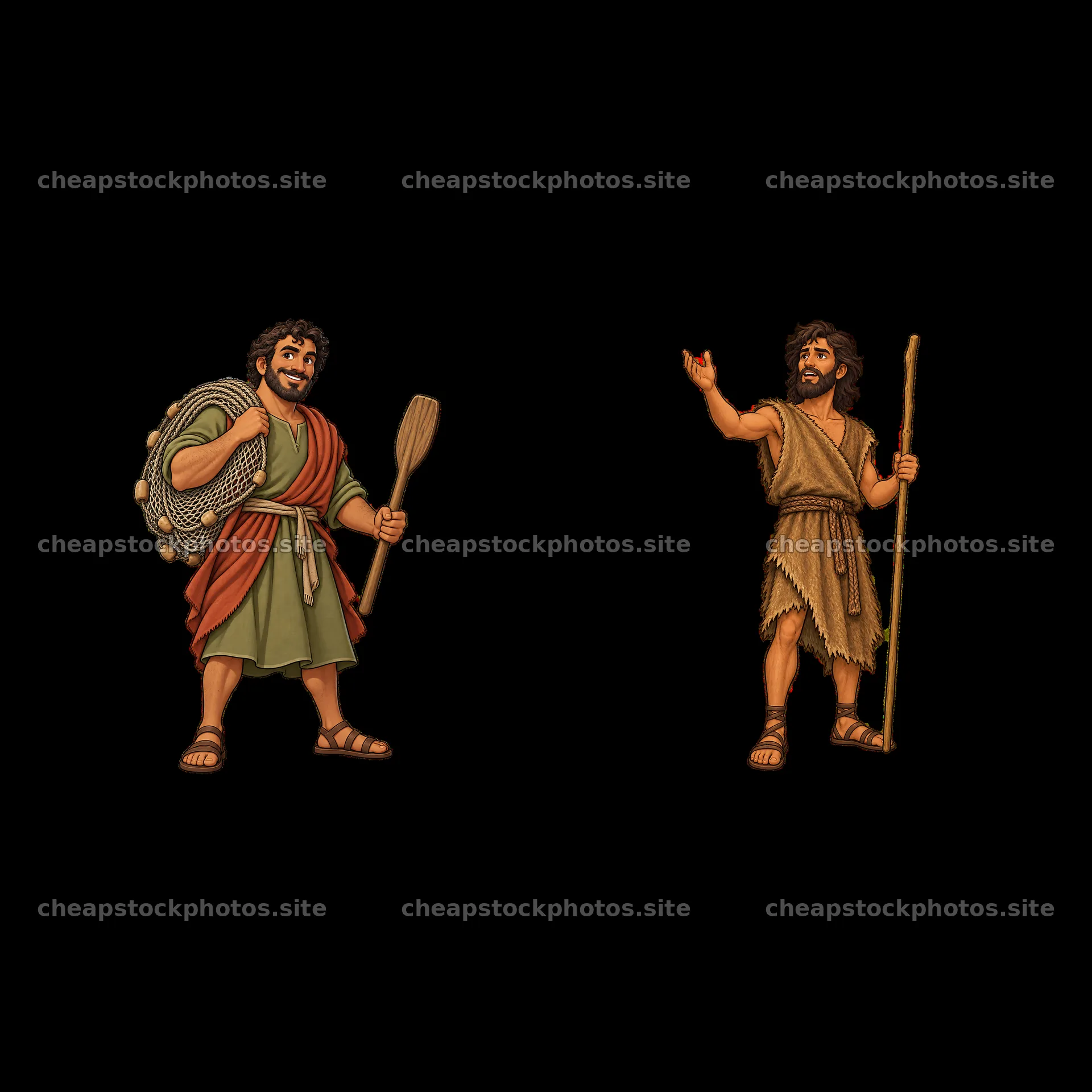 Jesus and disciple figures with tools, holding paddles and staffs – stock photos 7746x7746