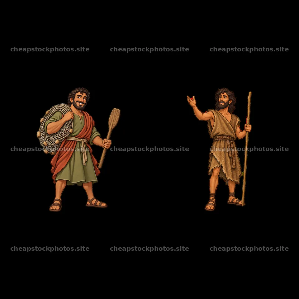 Jesus and disciple figures with tools, holding paddles and staffs – stock photos 7746x7746
