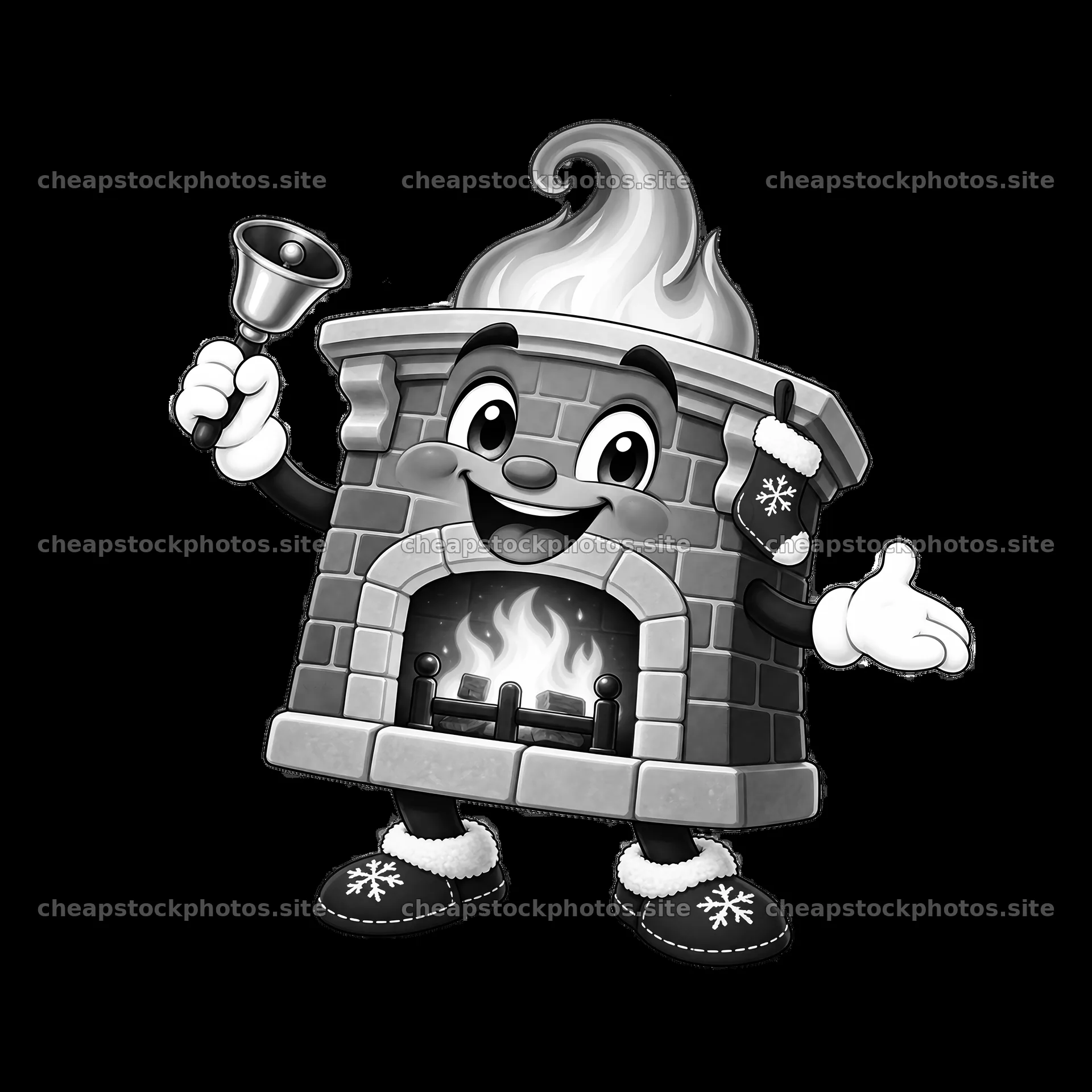 Cartoon fireplace character with a bell and cozy fire scene – stock photos 7746x7746