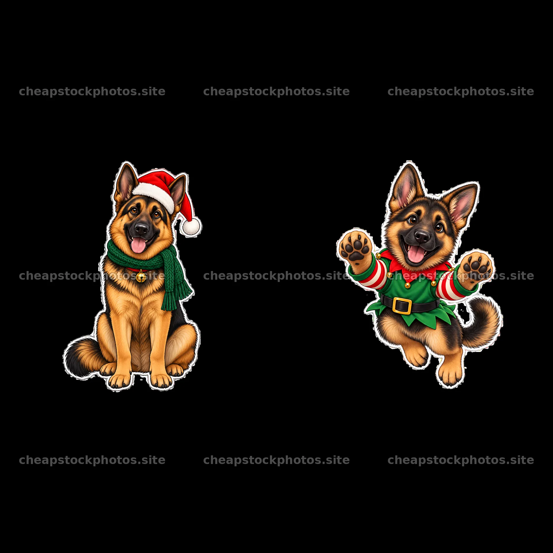Christmas German Shepherds in festive attire with holiday cheer – stock photos 7746x7746