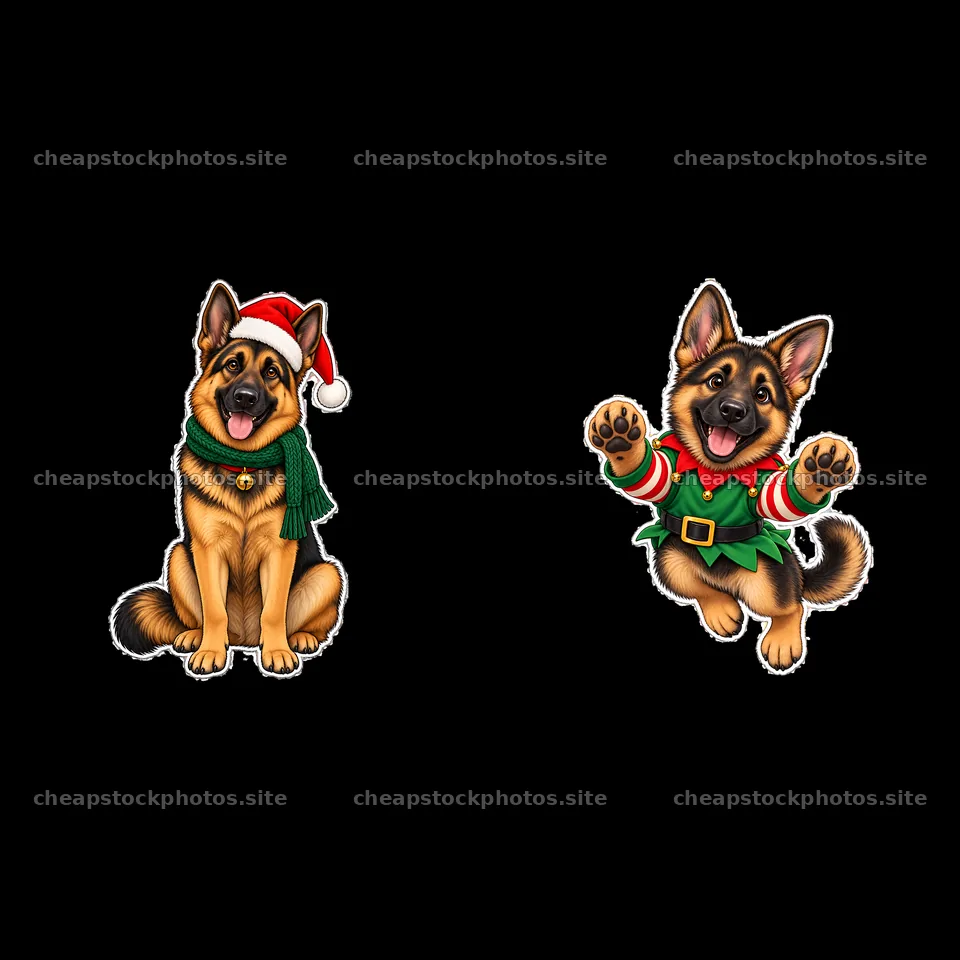 Christmas German Shepherds in festive attire with holiday cheer – stock photos 7746x7746