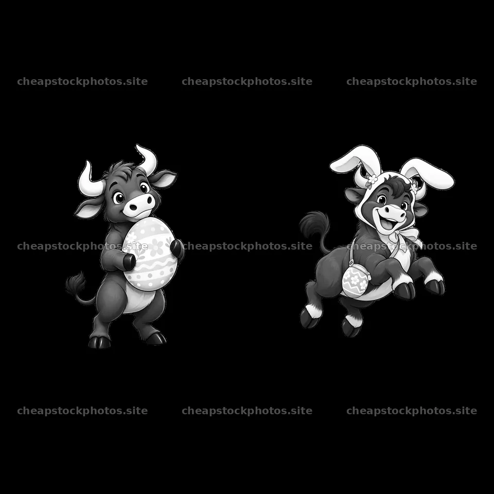 Easter ox characters holding eggs and wearing bunny ears – stock photos 7746x7746