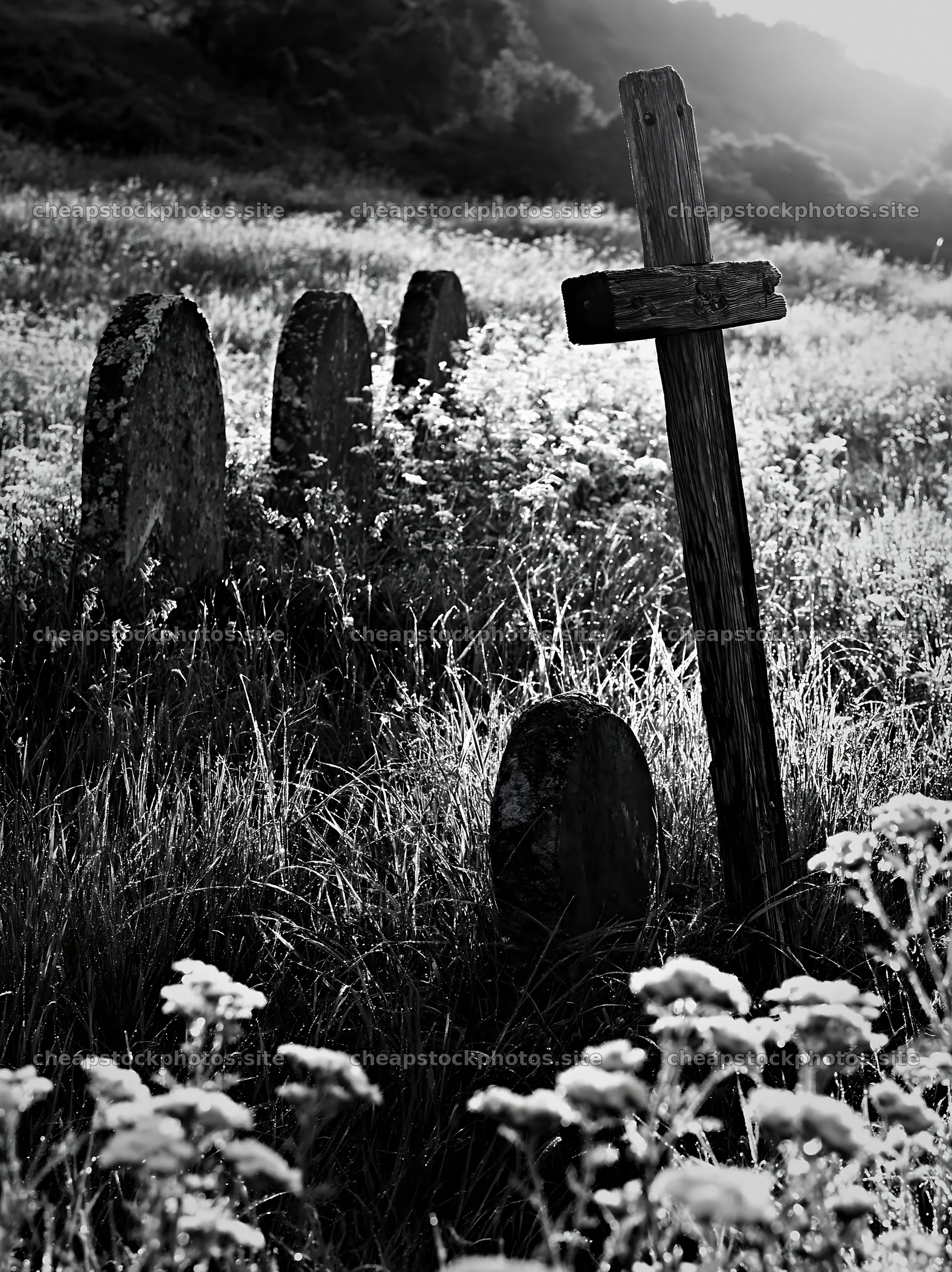 Christian cross in a meadow at sunrise – stock photos 6866x9174