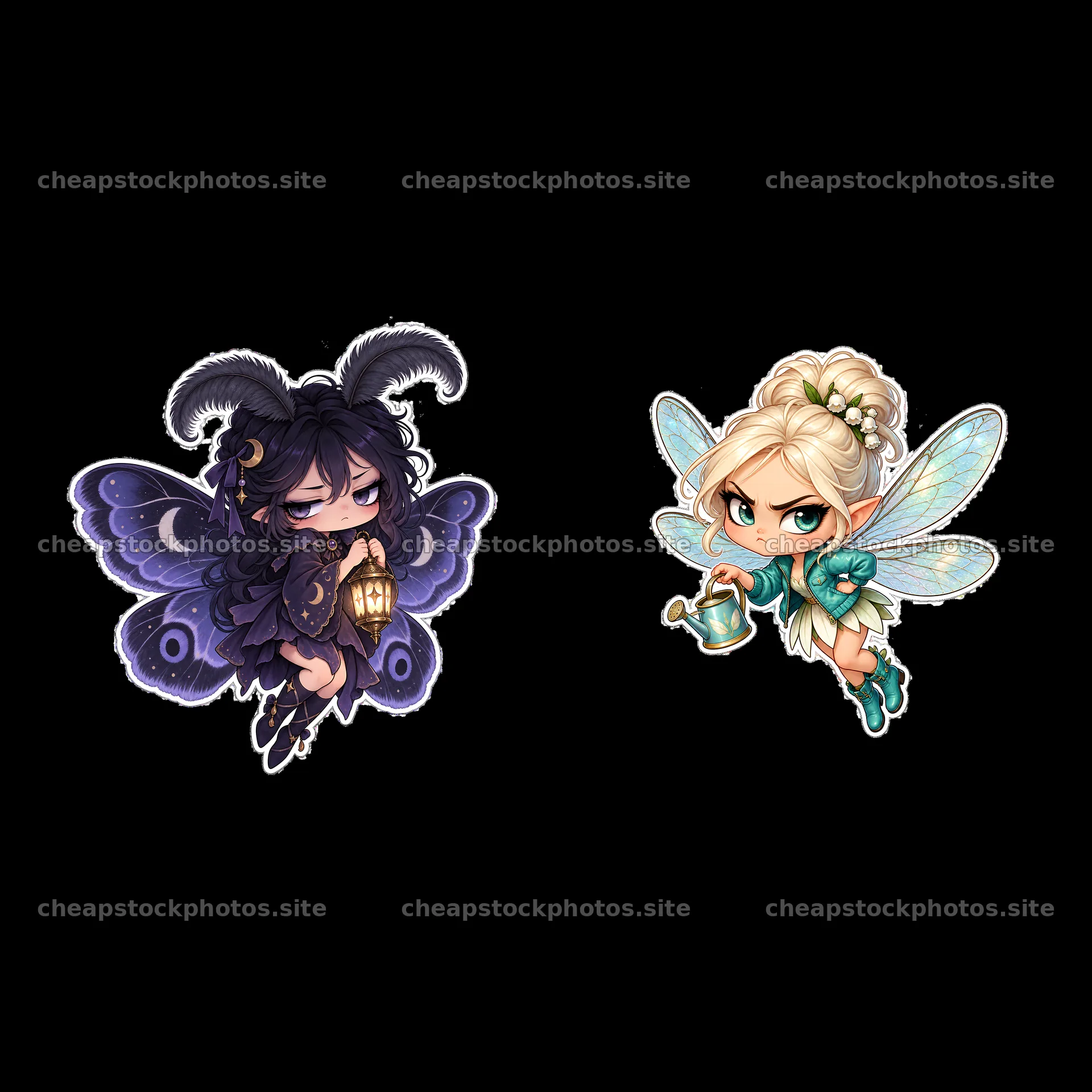 Grumpy fairy with lantern and cheerful fairy watering plants – stock photos 7746x7746
