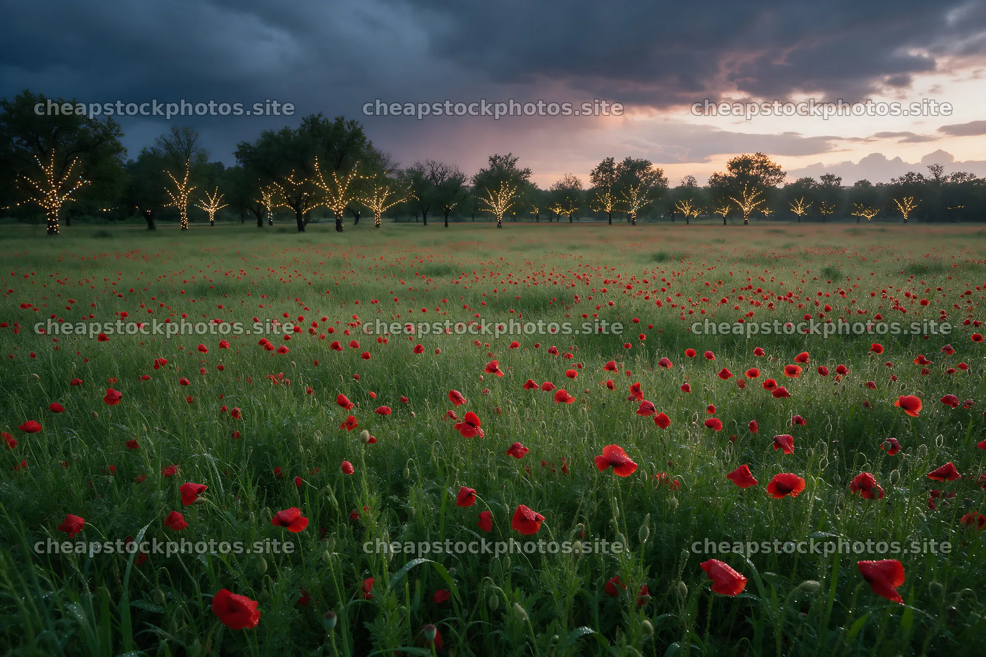 Vibrant Christmas lights shining at dusk in a meadow – stock photos 9722x6480
