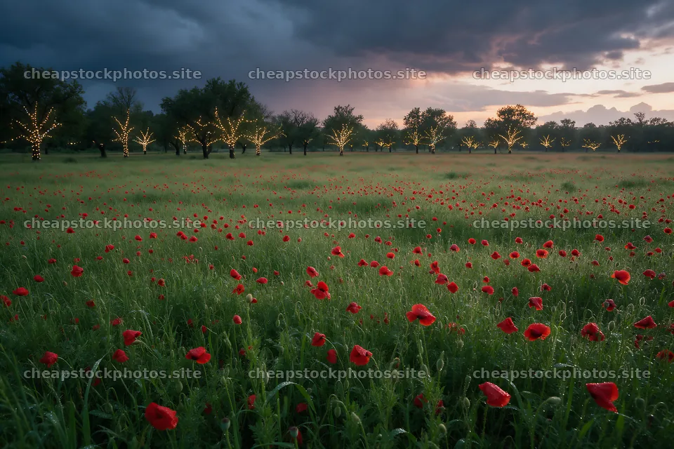 Vibrant Christmas lights shining at dusk in a meadow – stock photos 9722x6480