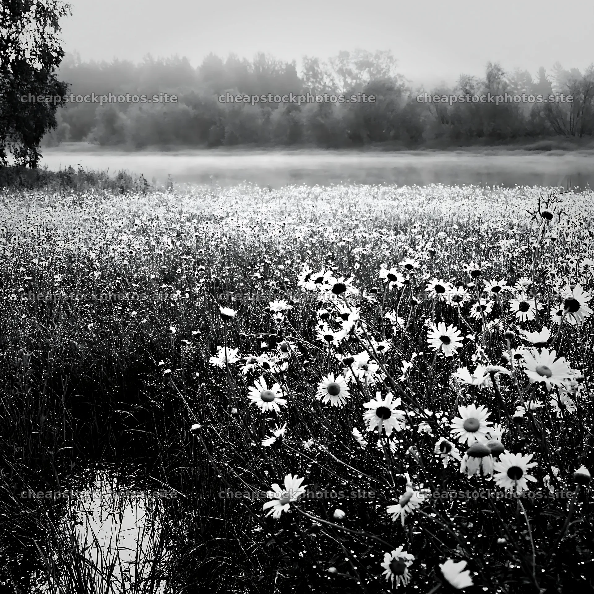 Silver dew meadow with daisies and misty water in background – stock photos 7938x7938