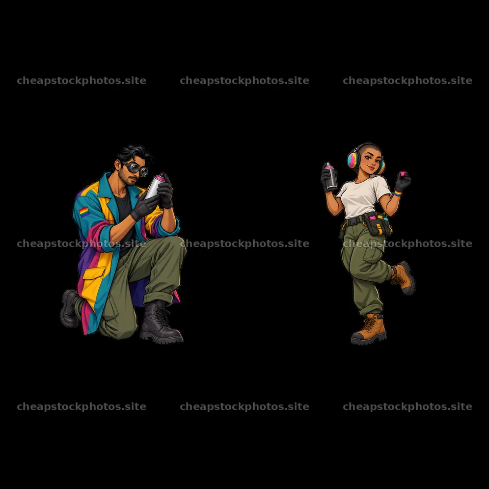 Cartoon stickers of gay graffiti artists in urban scene – stock photos 7746x7746
