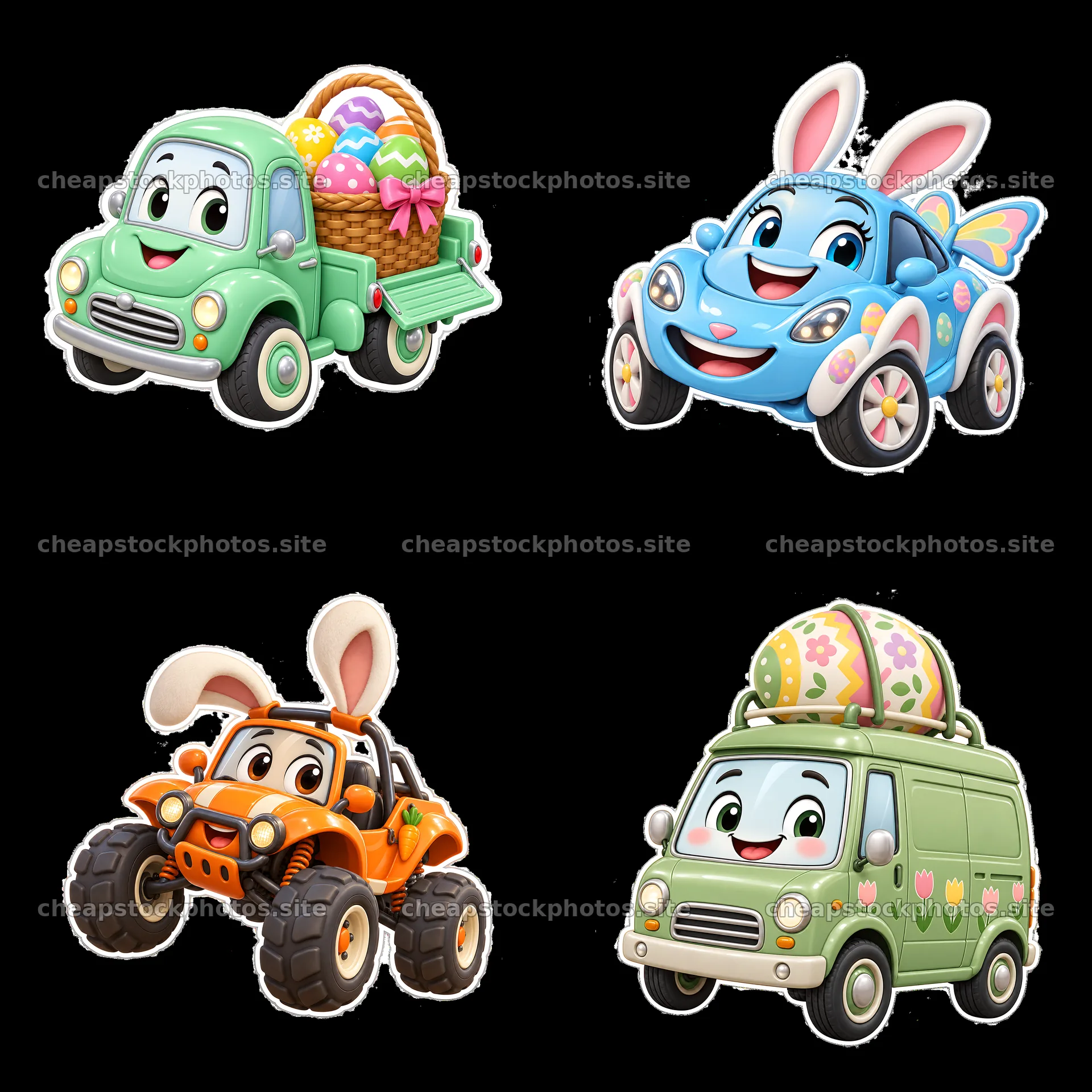 Cute cartoon cars with Easter eggs and bunny themes in a grid – stock photos 7746x7746