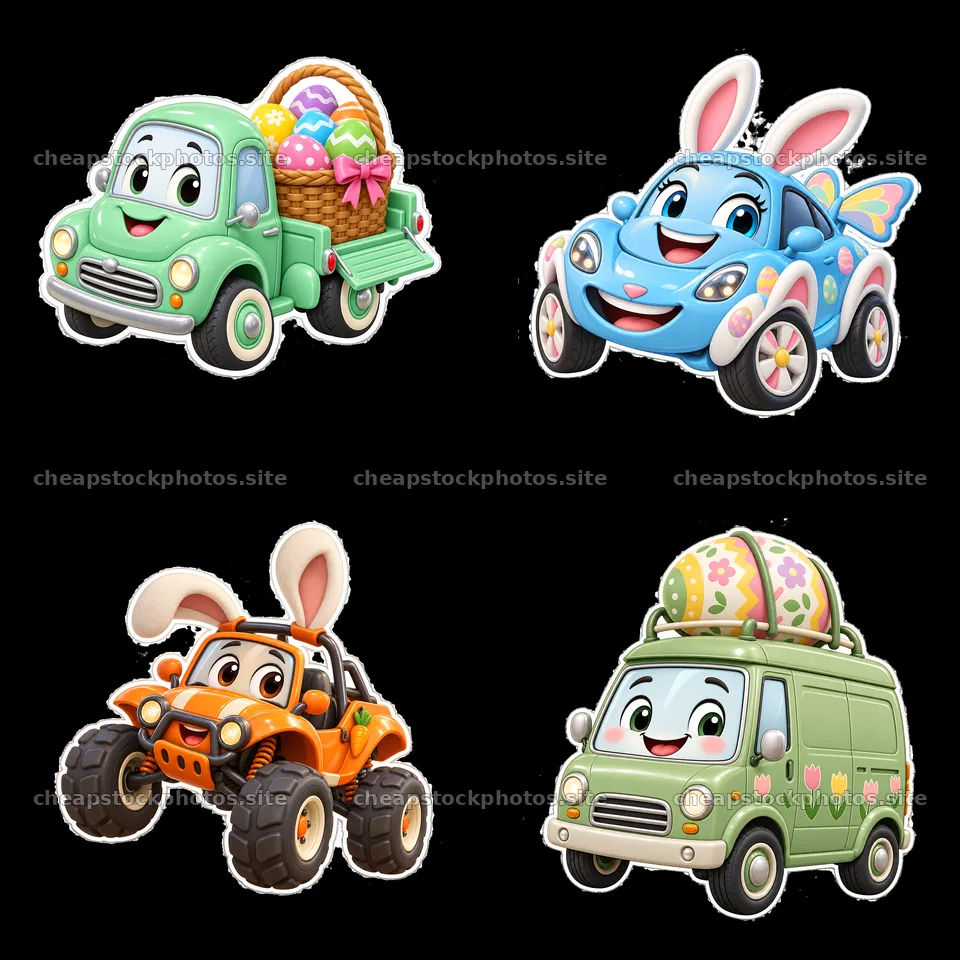 Cute cartoon cars with Easter eggs and bunny themes in a grid – stock photos 7746x7746