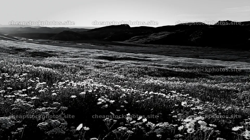 Meadow landscape with flowers and mountains in whiteout – stock photos 10608x5938