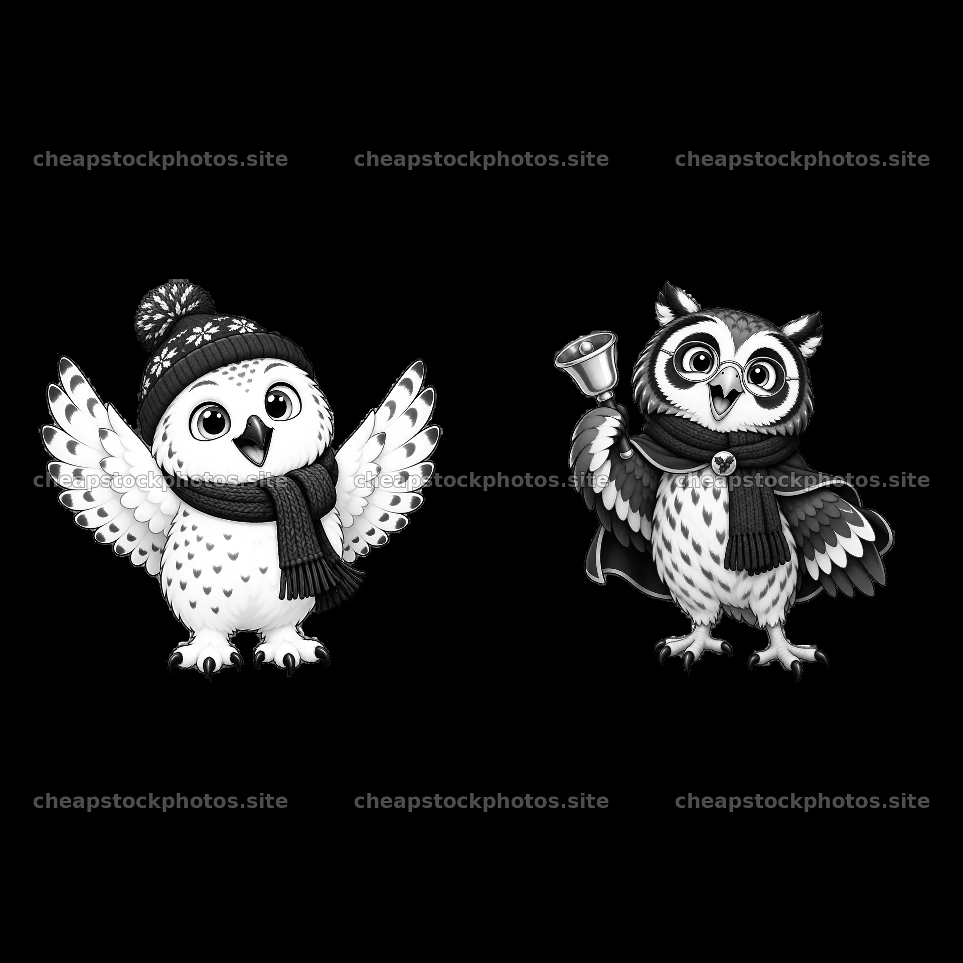 Christmas owls wearing hats and scarves holding bell and waving – stock photos 7746x7746