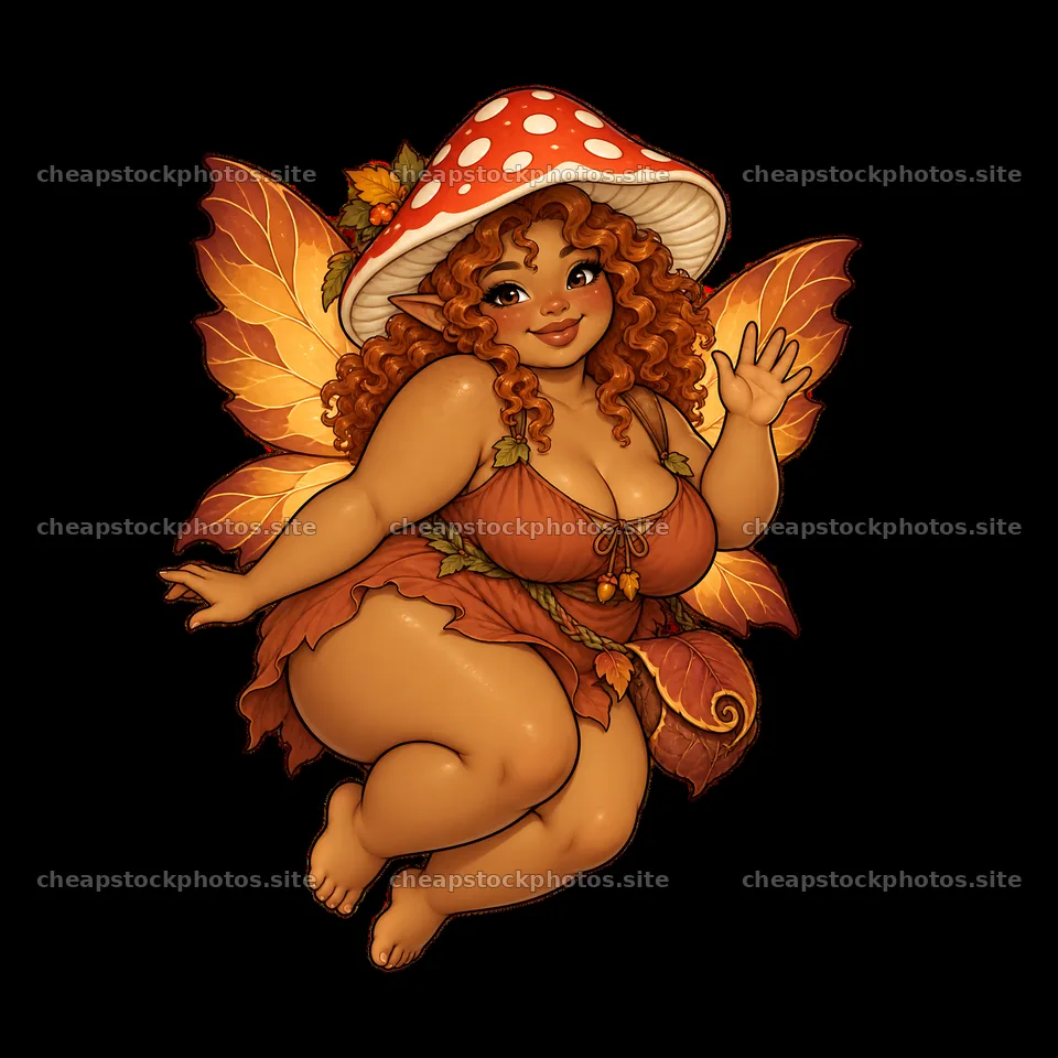 Kawaii ultra-fat fairy with mushroom hat and leaf wings – stock photos 7746x7746