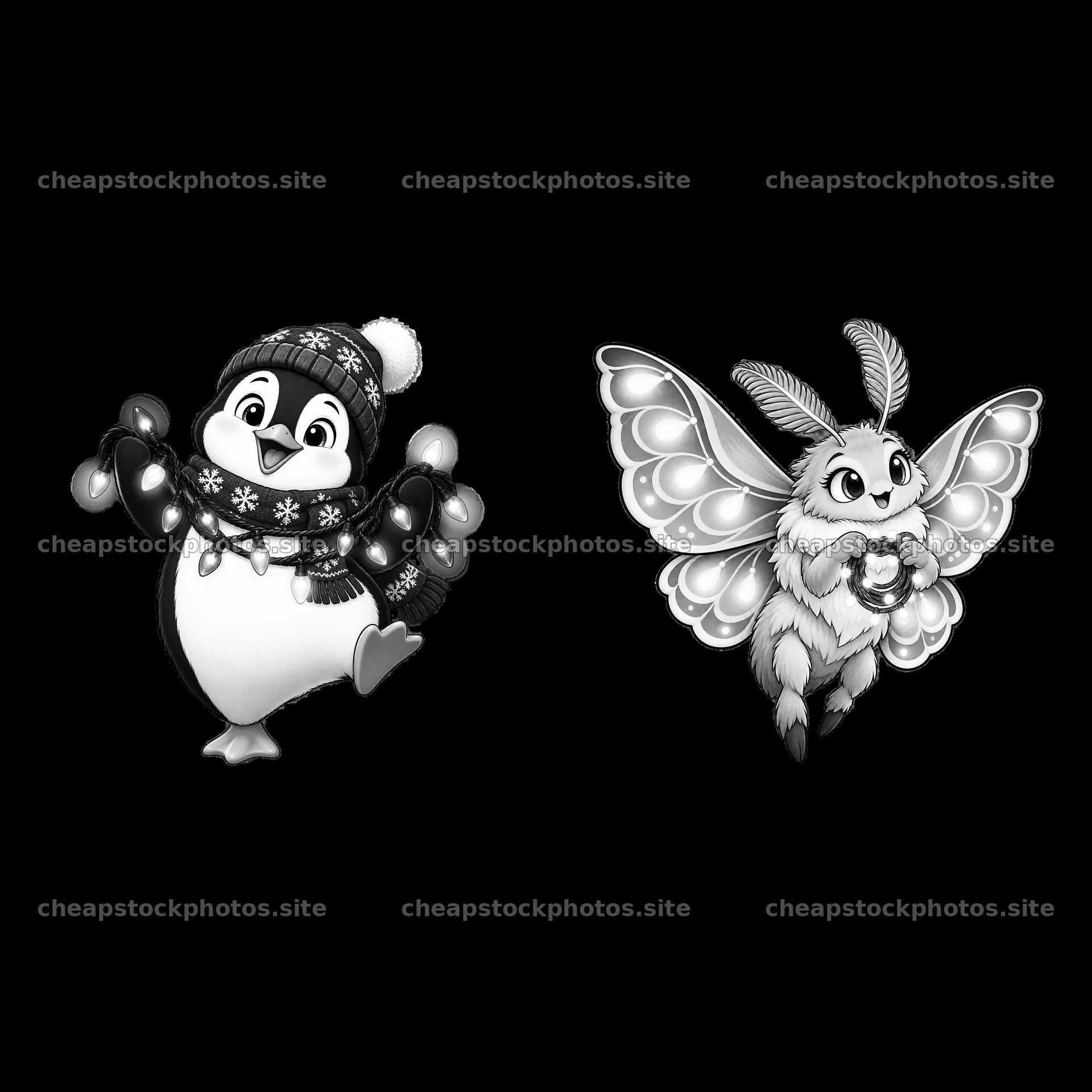 Penguin and butterfly characters holding string lights in a pair – stock photos 7746x7746