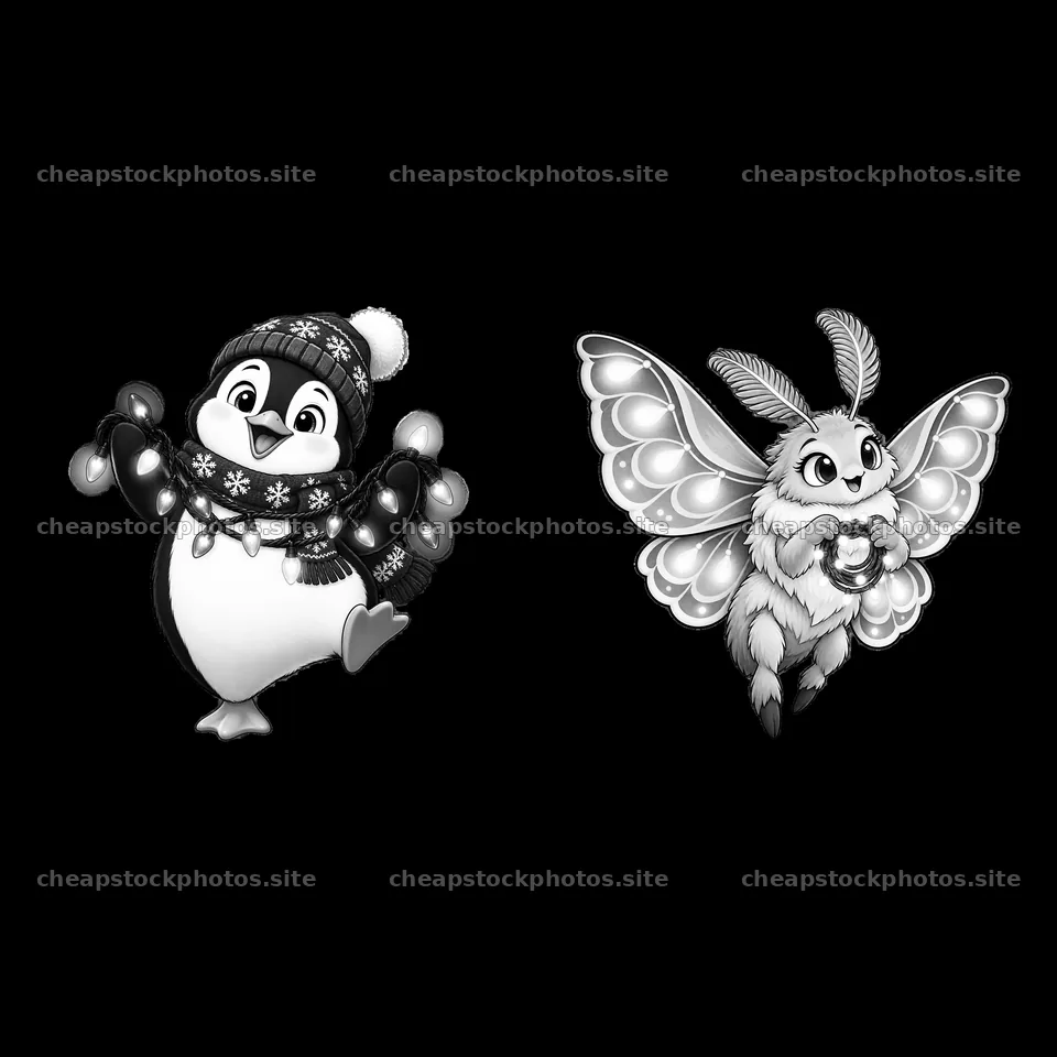 Penguin and butterfly characters holding string lights in a pair – stock photos 7746x7746