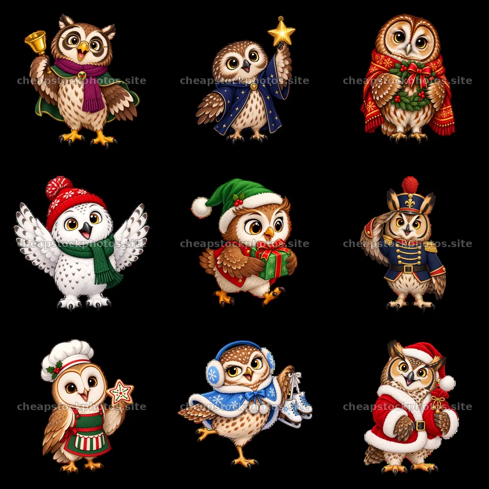 Christmas owl stickers in various festive poses and outfits – stock photos 7746x7746