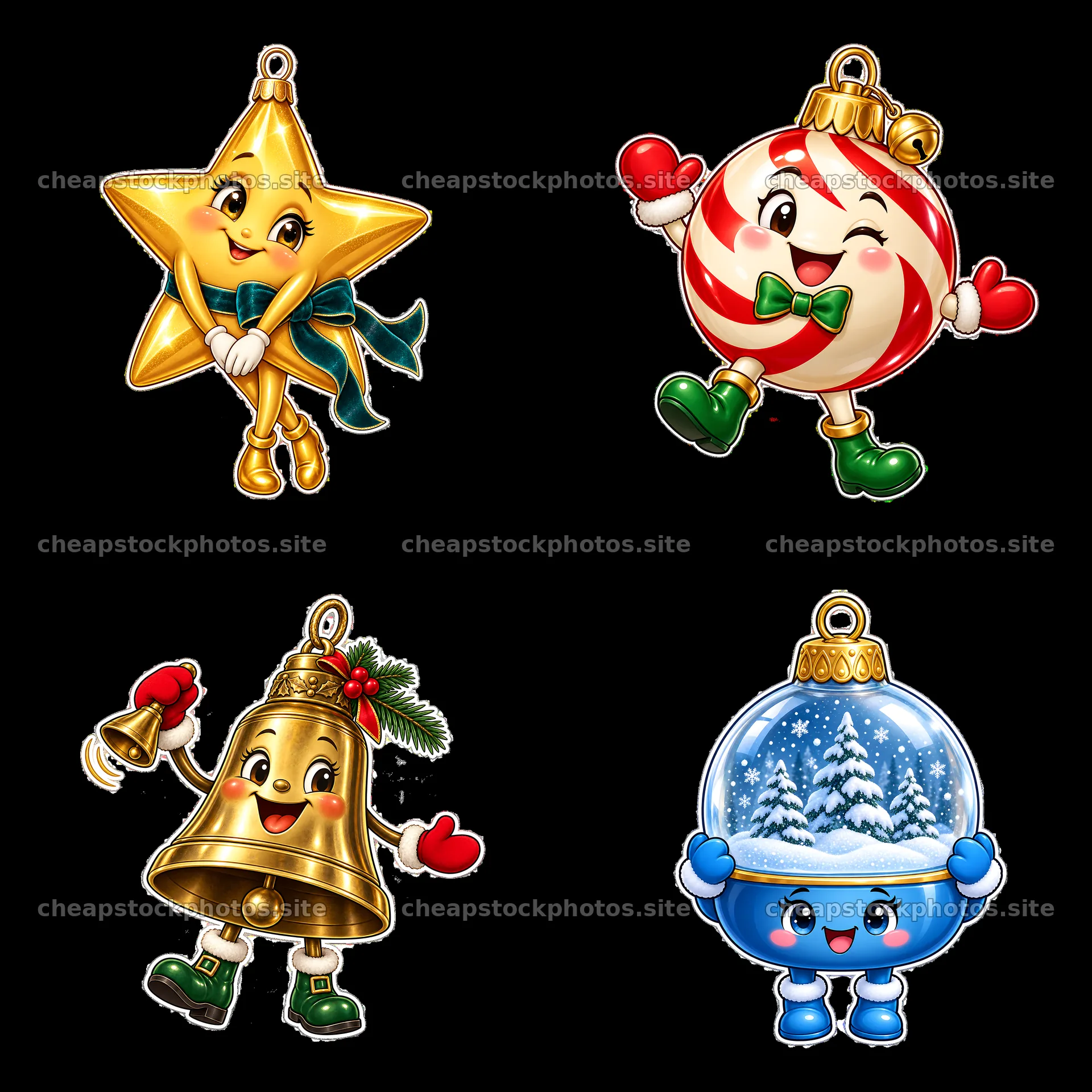 Colorful cartoon Christmas ornaments in a 2x2 arrangement – stock photos 7746x7746