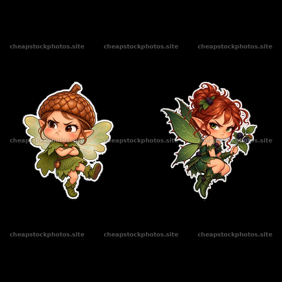 Kawaii grumpy fairy characters with acorn and leaves – stock photos 7746x7746