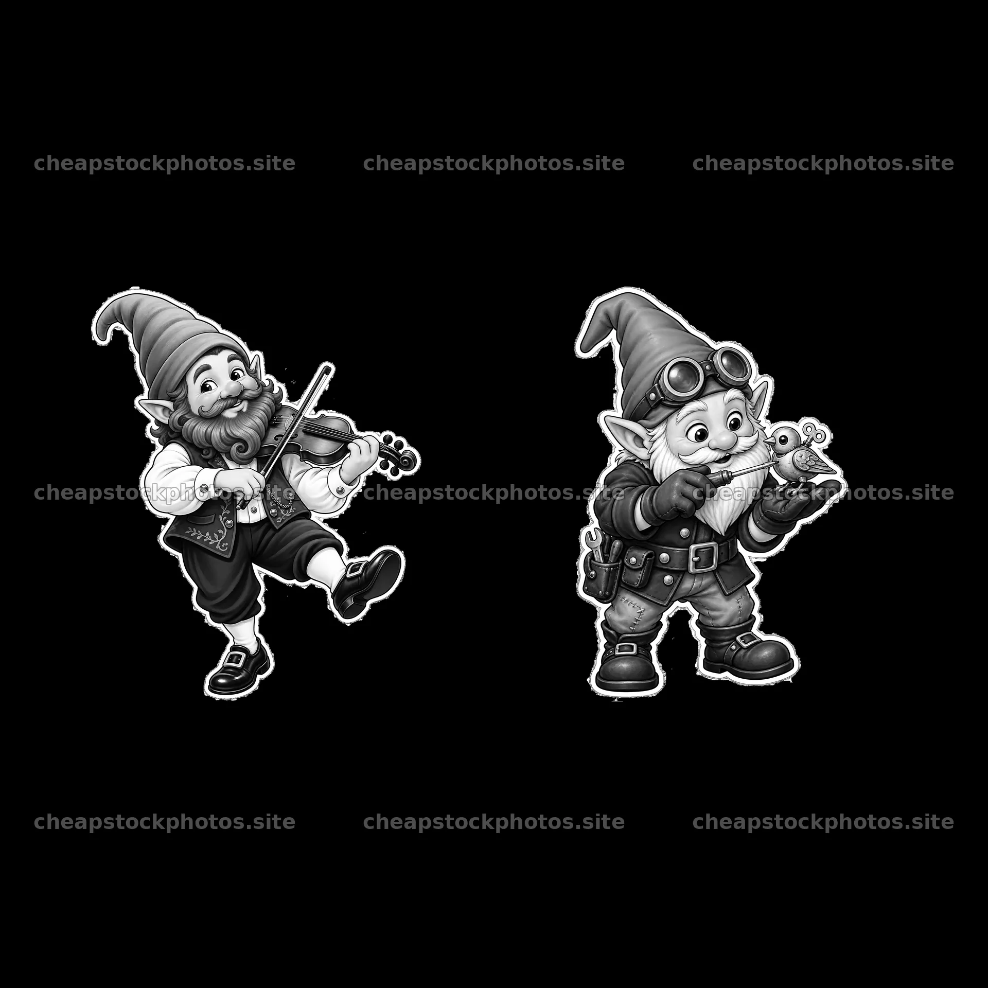 Dancing gnome with violin and gnome holding a snail – stock photos 7746x7746