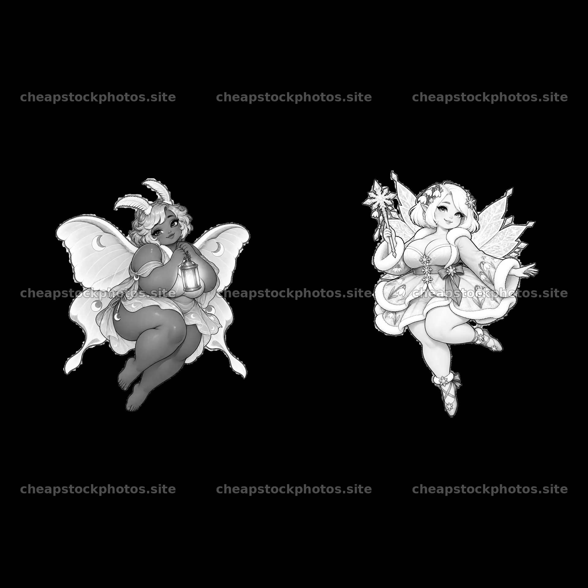 Kawaii ultra-fat fairies flying with accessories in black and white – stock photos 7746x7746