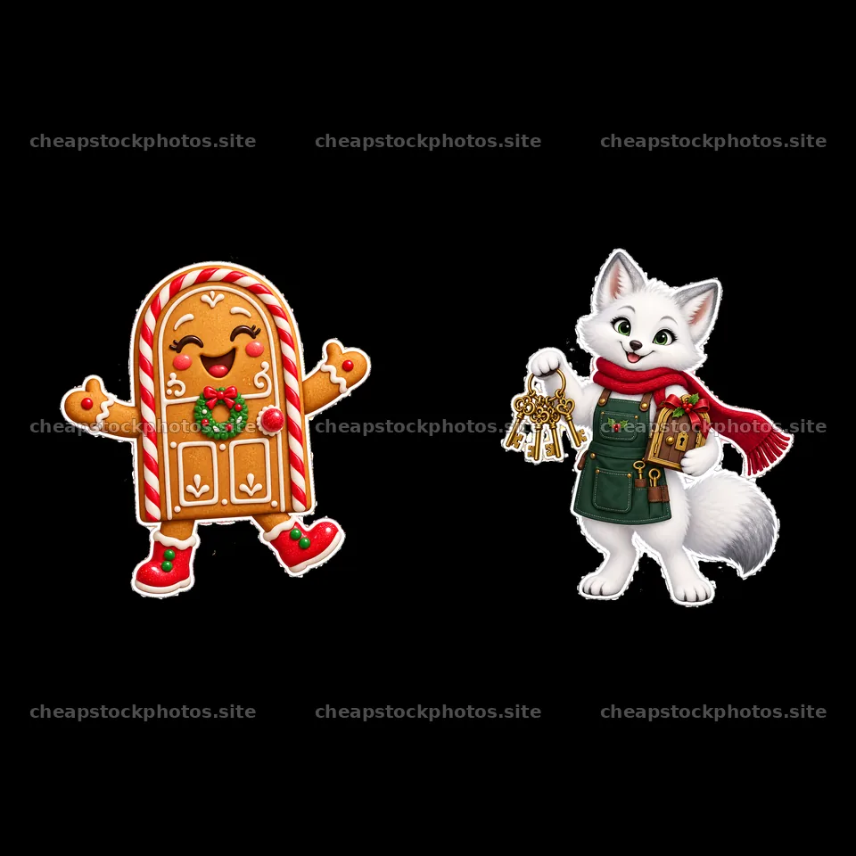 Gingerbread cookie character and a fox with keys for Christmas – stock photos 7746x7746