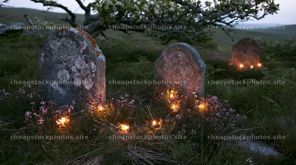 Christmas apple tree meadow with wild thyme and lights – stock photos 10608x5938