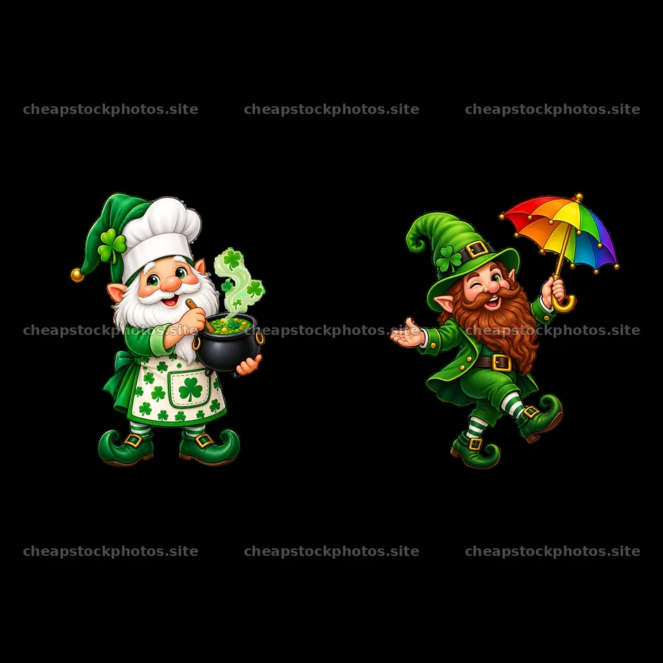 St. Patrick's Day gnome with pot of gold and colorful umbrella – stock photos 7746x7746
