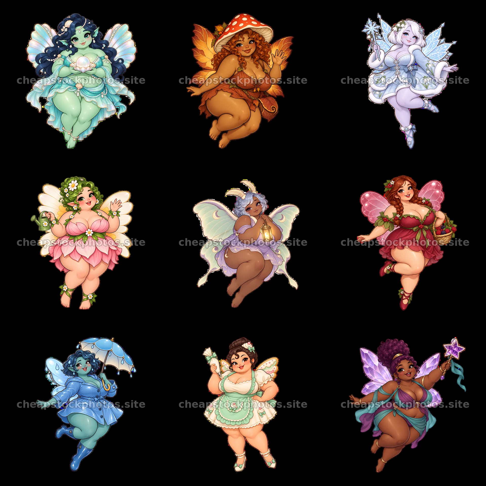 Kawaii ultra-fat fairy stickers in a vibrant 3x3 grid layout – stock photos 7746x7746