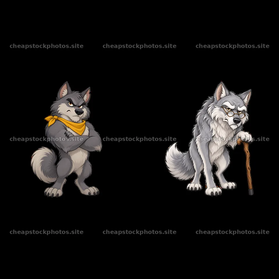 Grumpy wolf cartoon stickers with accessories in a pair layout – stock photos 7746x7746