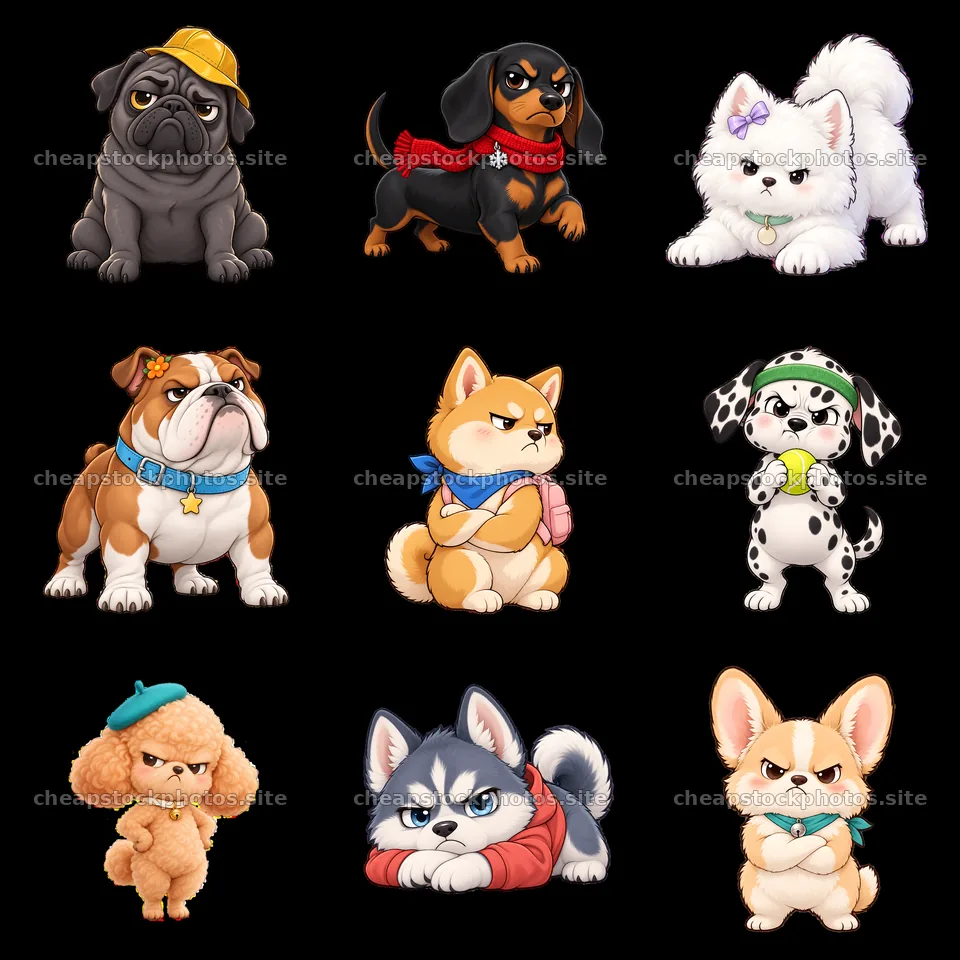 Grumpy kawaii dog sticker collection in a 3x3 layout – stock photos 7746x7746