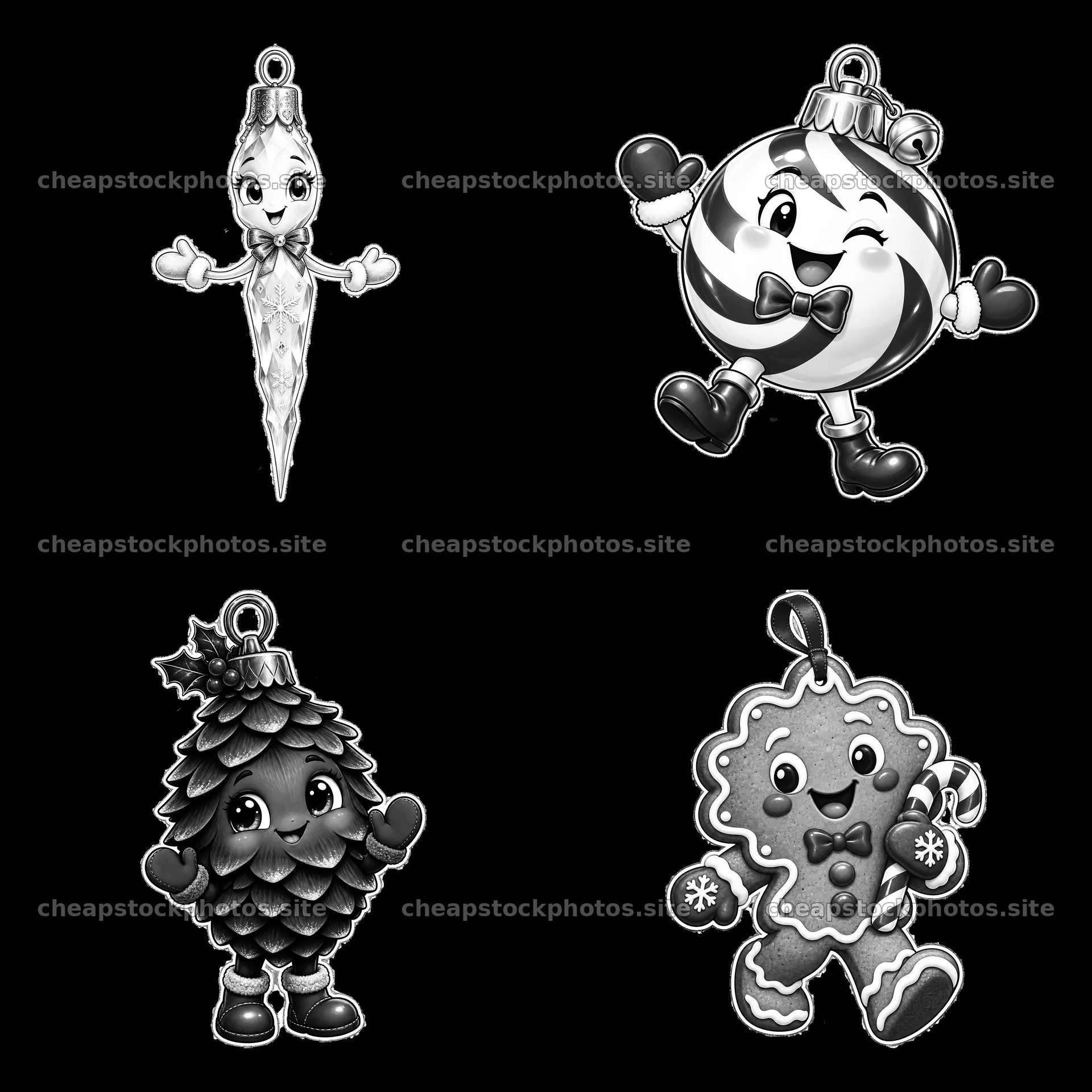 Cartoon Christmas ornaments in black and white design – stock photos 7746x7746