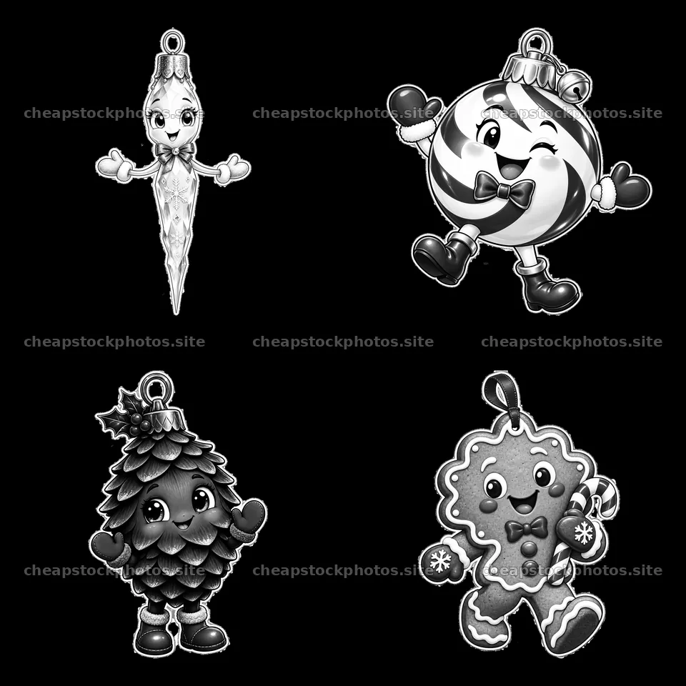 Cartoon Christmas ornaments in black and white design – stock photos 7746x7746