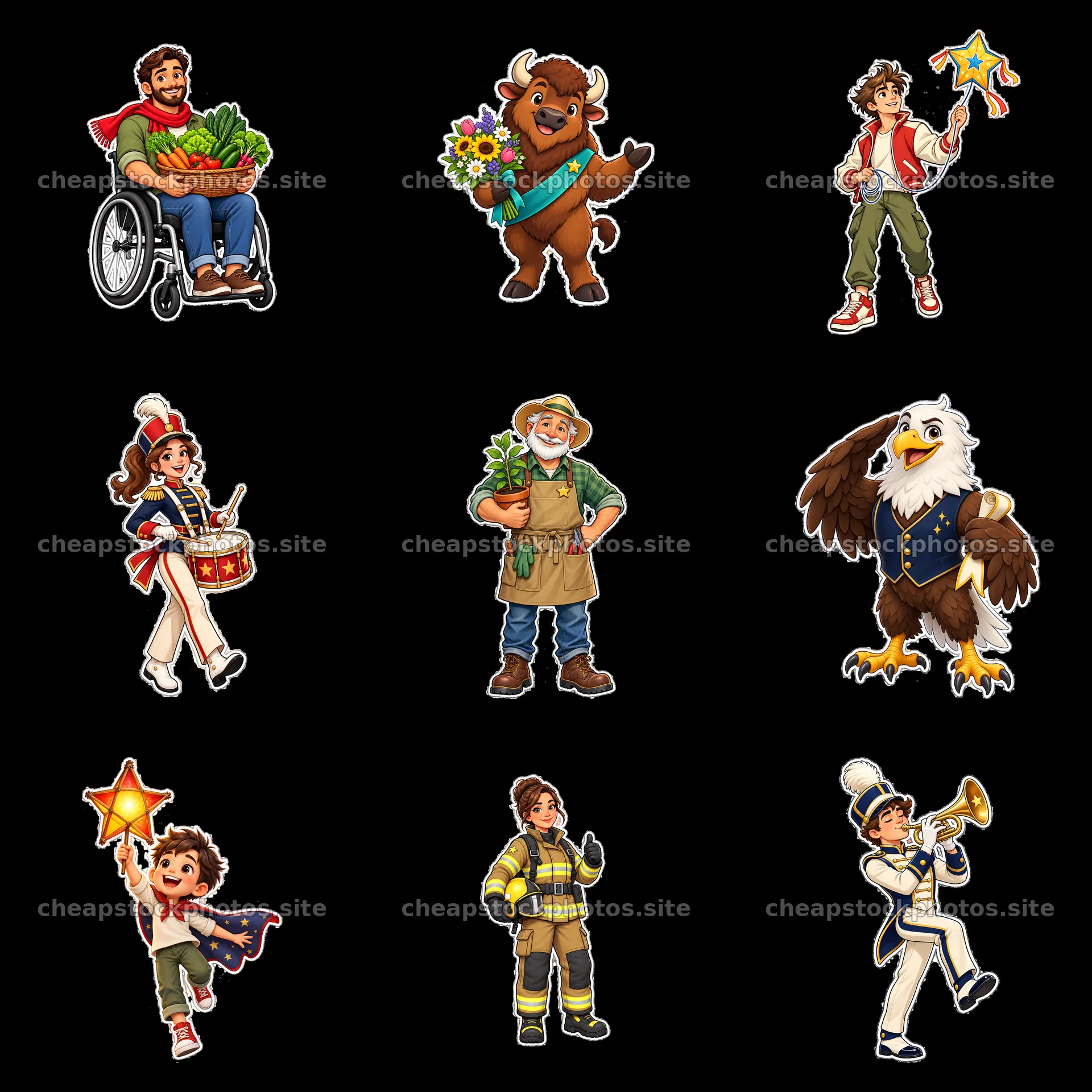 Diverse cartoon character stickers in various professions – stock photos 7746x7746