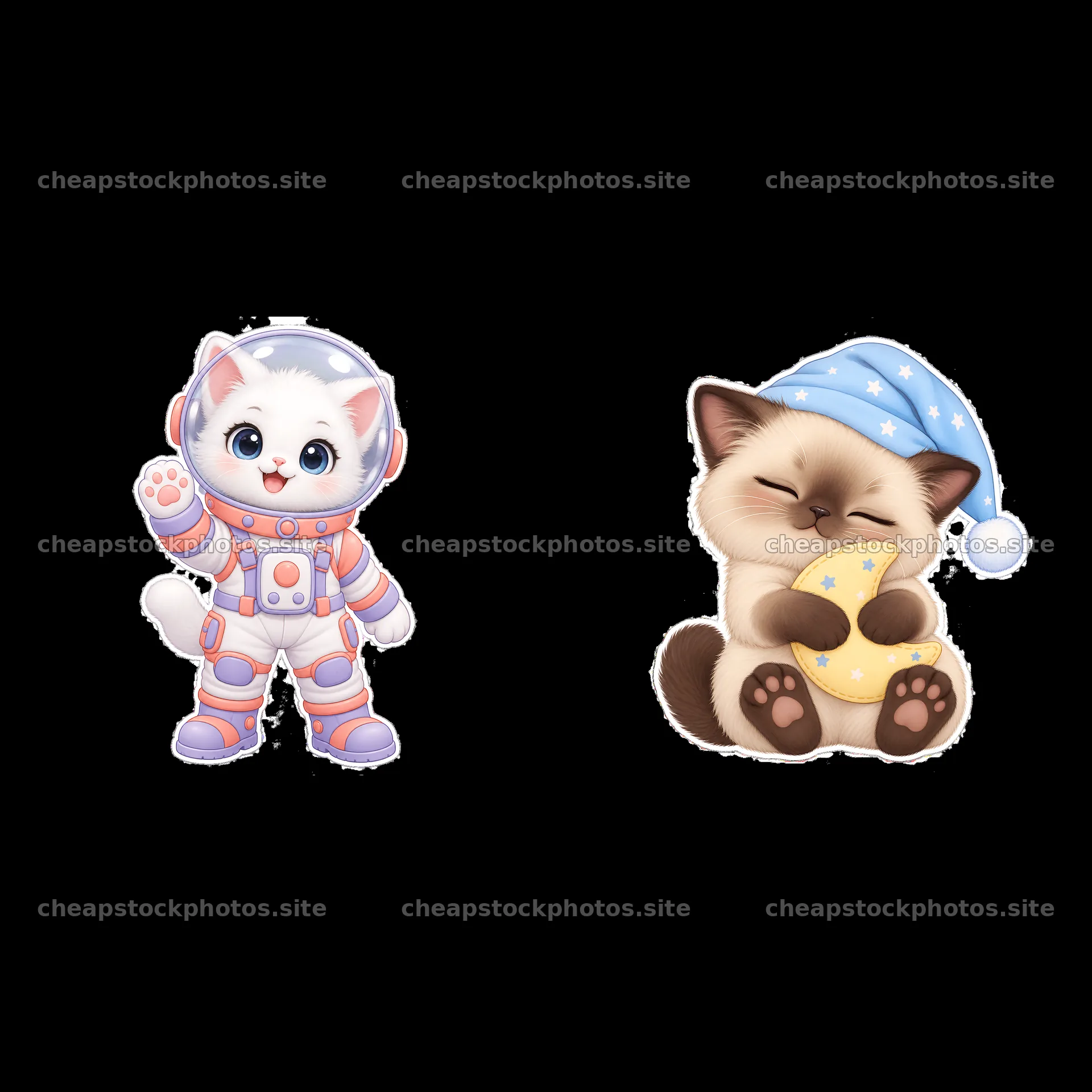Kawaii cat sticker duo with astronaut and sleepy cat holding moon – stock photos 7746x7746