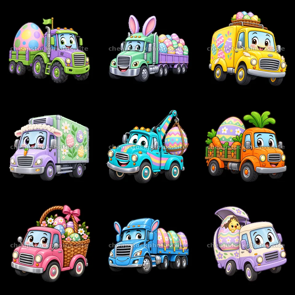 Easter trucks carrying decorated eggs and bunny stickers – stock photos 7746x7746
